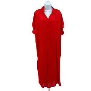 Tahari Maxi Shirt Dress WMNS L Red Linen Blend Pockets Side Slit Collared V-Neck
